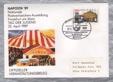 Independent Cover - `Frankfurt Am Main 1 - Nationale Postwertzeichen-Ausstellung - 22-4-89...` Pictorial Postmark - Single 100+50 Youth Issue Circus Stamp Issued in 1989