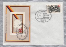 Independent Cover - `Bonn 1 - 1949-1974 - 25 Jahre Bundesrepublick Deutschland - 15-5-1974....` Miniature Sheet from 1974 - `Bremen 1 - 1949-1989 40 Jahre - 29-4-89 - Bundesrepublik Deutschland...` Pictorial Postmark 60 Pfennig Cats Stamp from 1989