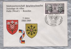 Town Twinning Cover - `HALLE (WESTF.)-RONCHIN` - HALLE WESTF. 1 - 3-6-1989 - Pictorial Postmark - Single 80 Pfg 1988 25th Anniversary of the German-French Treaty Stamp