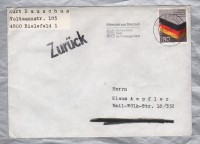 Return to Sender Cover - `Bielefeld 16-12-85` Postmark with Slogan - Single 80 Pfennig Stamp