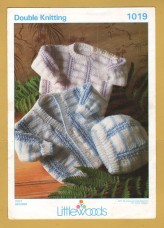 Littlewoods - Double Knitting - 16-22" (41-56cm) - Design No.1019 - Babies` Round Neck Sweater, V-Neck Cardigan and Hat - Knitting Pattern
