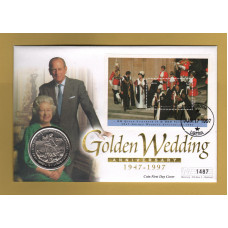 Westminster/Mercury - 17th June 1997 - `H.M Queen Elizabeth ll Golden Wedding Anniversary` - Liberia Coin/Mini Sheet Stamp FDC