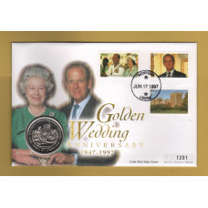 Westminster/Mercury - 17th June 1997 - `H.M Queen Elizabeth ll Golden Wedding Anniversary` - Liberia Coin/Stamp FDC