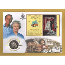Westminster/Mercury - 20th November 1997 - `H.M Queen Elizabeth ll Golden Wedding Anniversary` - Jersey Coin/Mini Sheet Stamp FDC