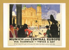 `Munich and Central Europe via Harwich - Twice a Day` - Postally Unused (although there is a message to rear) - L.N.E.R Postcard.