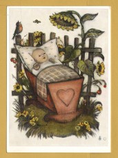 `Hummel - Child in the Cradle, Sunflower Shade by Maria Innocentia Hummel` - Postally Unused - Joseph Mueller Postcard.