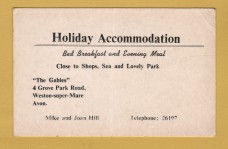 `Holiday Accommodation - "The Gables" - Weston Super Mare`- Postally Unused - Mike and Joan Hill Postcard.