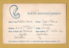 `Birth Announcement - The National Childbirth Trust`- Postally Used-1972 - Trust Postcard.