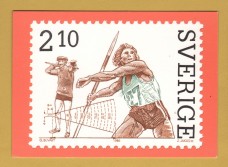 `Sweden - Reproduced Javelin-throwing 2,10 krona Stamp from 1986`- Postally Unused - Post Office Postcard.