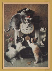 `Kittens Playing on a Clock by Carl Reichert (1836-1918, Austrian)` - Postally Unused - Panorama Postcard.