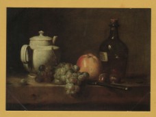 `White Teapot with Red Grapes, Apple, Chestnuts, Knife and Bottle by Chardin` - Postally Unused - Royal Acadamy of Arts Postcard.