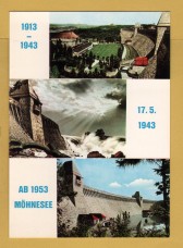 `Mohnesee Dam - Top, Power Plant and Park - Middle, Destroyed by Air Raid 1943  - Bottom, After Reconstruction 1953`- Postally Unused - Dulberg Postcard.