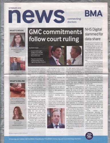BMA News - 10th February 2018 - `GMC Commitments Follow Court ruling` - Published by the British Medical Association