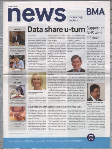 BMA News - 19th May 2018 - `Data Share U-Turn` - Published by the British Medical Association