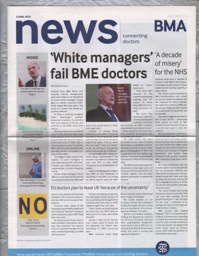 BMA News - 2nd June 2018 - `White Managers Fail BME Doctors` - Published by the British Medical Association