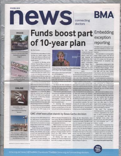 BMA News - 23rd June 2018 - `Funds Boost Part Of 10 Year Plan` - Published by the British Medical Association