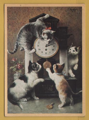 `Kittens Playing on a Clock by Carl Reichert (1836-1918, Austrian)` - Postally Unused - Panorama Postcard.