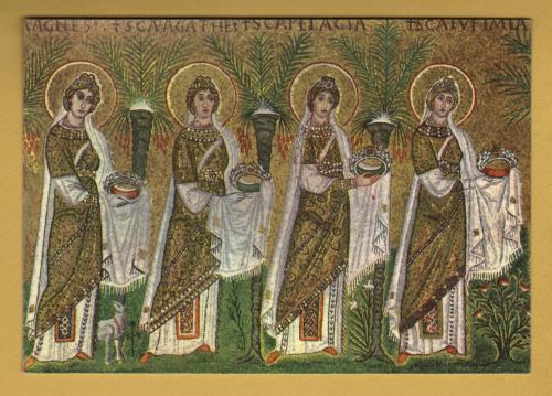 `Ravenna Basilica of S.Apollinaris the New - Detail of Procession of the Virgins` - Postally Unused - Leonardi Postcard.