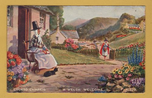 `Croeso Cymreig - A Welsh Welcome by Unknown Artist - A1829` - Postally Used-1956 - Valentine & Sons `Art Colour` Postcard.