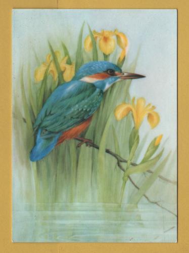 `Kingfisher and Yellow Flags (From a Ceramic Tile) by Jean Evans` - Postally Unused - The Medici Society Postcard.