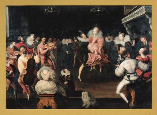 `Robert Dudley, Earl of Leicester Dancing with Queen Elizabeth l by Artist Unknown` - Postally Unused (although message written to rear) - Judges Postcard.