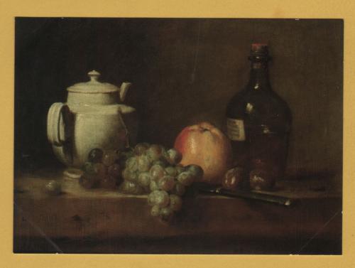 `White Teapot with Red Grapes, Apple, Chestnuts, Knife and Bottle by Chardin` - Postally Unused - Royal Acadamy of Arts Postcard.
