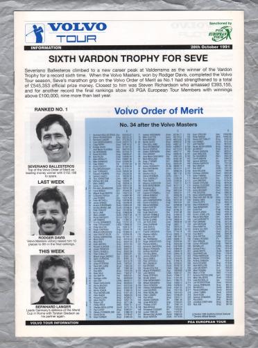 Volvo Tour - Information - October 28th 1991 - `Sixth Vardon Trophy For Seve` - Published by PGA European Tour
