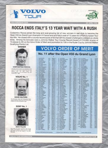 Volvo Tour - April 5th 1993 - `Rocca Ends Italy`s 13 Year Wait With A Rush` - Published by PGA European Tour
