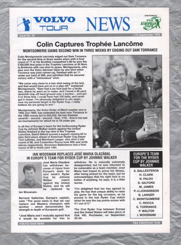 Volvo Tour News - No.35 - September 11th 1995 - `Colin Captures Trophee Lancome` - Published by PGA European Tour