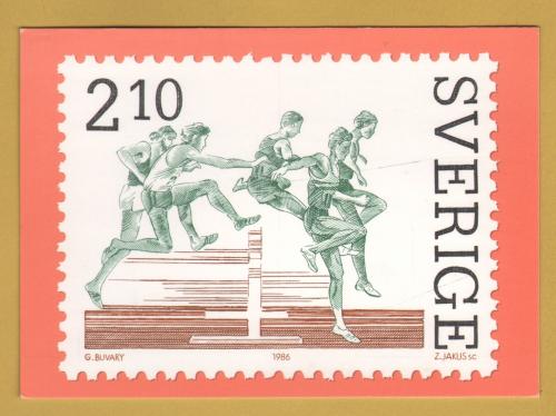 `Sweden - Reproduced 3000 metre Steeplechase 2,10 krona Stamp from 1986`- Postally Unused - Post Office Postcard.