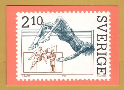 `Sweden - Reproduced High Jump 2,10 krona Stamp from 1986`- Postally Unused - Post Office Postcard.