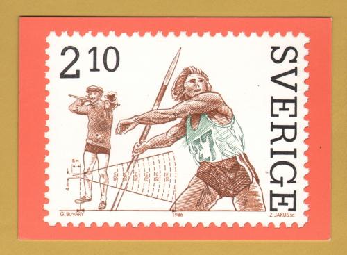 `Sweden - Reproduced Javelin-throwing 2,10 krona Stamp from 1986`- Postally Unused - Post Office Postcard.