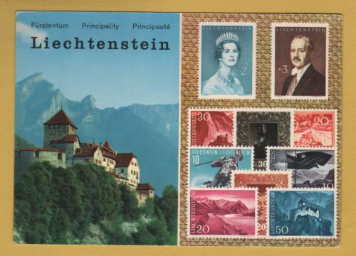 `Principality of Lichtenstein - Vaduz Castle - Stamps of the Principality - c1960s`- Postally Unused - Oshri, Vaduz Postcard.
