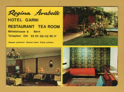 `Regina Arabelle - Hotel Garni Restaurant Tea Room - Bern`- Postally Unused - Wettingen Advertising Agency Postcard.