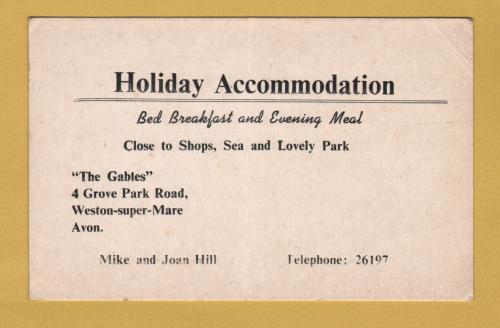 `Holiday Accommodation - "The Gables" - Weston Super Mare`- Postally Unused - Mike and Joan Hill Postcard.