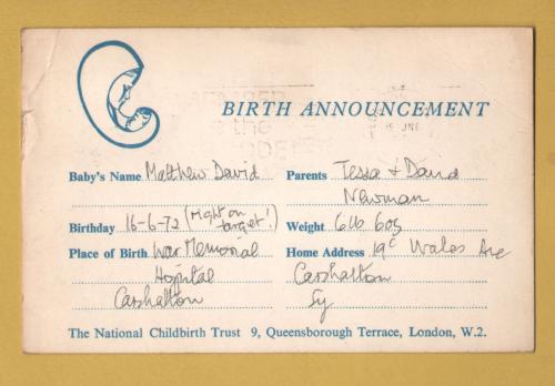 `Birth Announcement - The National Childbirth Trust`- Postally Used-1972 - Trust Postcard.