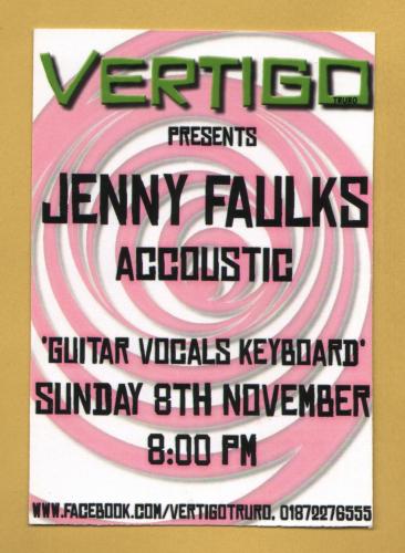 `Vertigo Presents - JENNY FAULKS, Accoustic - Guitar, Vocals, Keyboard`- Postally Unused - Vertigo Postcard.