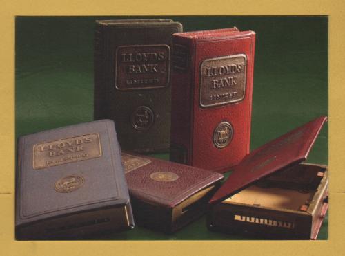 `Lloyd`s Bank book-style `home safes` (money boxes), c1930` from 2015 - Postally Unused (mark to rear) - Lloyd`s Postcard.