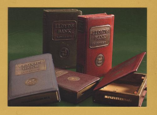 `Lloyd`s Bank book-style `home safes` (money boxes), c1930` from 2015 - Postally Unused (mark to rear) - Lloyd`s Postcard.