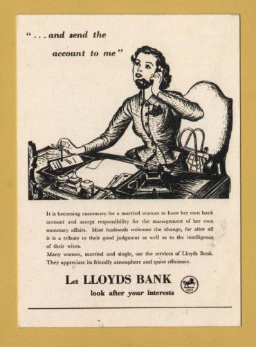 `Lloyd`s Bank advert 1949` from 2015 - Postally Unused - Lloyd`s Postcard.