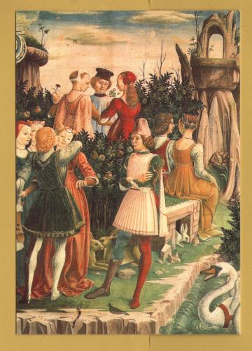`Allegory of April - Triumph of Venus - East Wall (detail) by Francesco Del Cossa` - Postally Unused - 1997 - A.C.ES. s.n.c. Postcard.