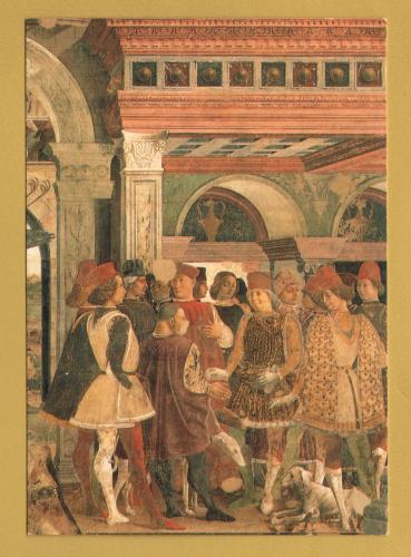 `Allegory of April - Triumph of Venus - East Wall, Lower Part (detail) by Francesco Del Cossa` - Postally Unused - 1997 - A.C.ES. s.n.c. Postcard.