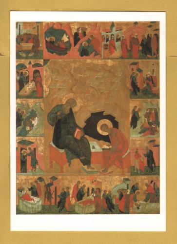 `St John the Evangelist and his Scribe Prochorus and Scenes From his Life - The Art of Holy Russia` - Postally Unused - Royal Academy of Arts Postcard.