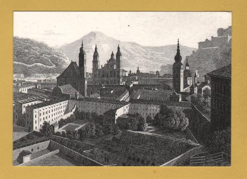 `Salzburg from the Monchsberg Heights, Steel Engraving c1840` - Postally Unused (although message written to the rear) - Martin Randall Travel Postcard.