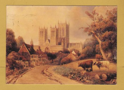 `Lincoln Cathedral from Drury Lane by Peter de Wynt` - Postally Used-1992 - Usher Gallery Postcard.