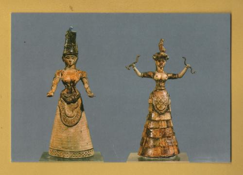 `Heraklion Museum - Faience Snake Goddesses. From Knossos (about 1600 B.C)` - Postally Unused - Hannibal Postcard.
