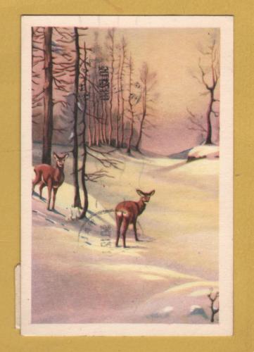 `Two Deer in the Woods - Swedish `Happy New Year`` - Postally Used-1960 - Producer Unknown Postcard.
