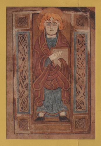 `Book of Mullin (St Mullins, Co Carlow eight century}, Portrait of St John` - Postally Unused - Trinity College Library Postcard.