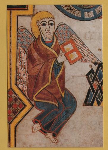 `Book of Kells {c800 AD}, Angel Holding Book {detail}` - Postally Unused - Trinity College Library Postcard.