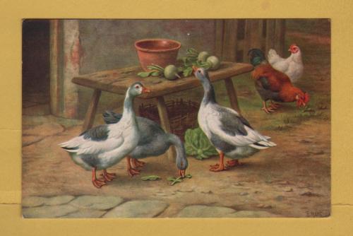 `Geese and Poultry Feeding by Edgar Hunt` - Postally Unused (although message written to rear) - J.Salmon Postcard.